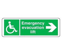 Emergency Evacuation Lift arrow right - safety sign - 1.2mm Rigid plastic for indoor/outdoor usage (600mm x 200mm) Viewing Distance within 14m.