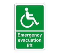 Emergency evacuation lift - safety sign - Fire Action Point Sign, Fire Signs - High tack self-adhesive sticker (150mm x 100mm) Viewing Distance within 3m.