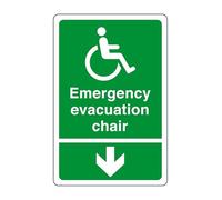 Emergency evacuation point chair arrow down - safety sign - Fire Action Point Sign, Fire Signs - 1.2mm Rigid plastic for indoor/outdoor usage (300mm x 200mm) Viewing Distance within 7m.