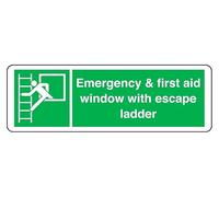 Emergency First Aid Window With Escape Ladder - safety sign - High tack self-adhesive sticker (150mm x 50mm) Viewing Distance within 3m.