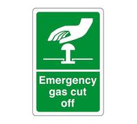 Emergency gas cut off - safety sign - High tack self-adhesive sticker (150mm x 100mm) Viewing Distance within 3m.