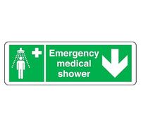 Emergency Medical Shower arrow down - safety sign - 1.2mm Rigid plastic for indoor/outdoor usage (600mm x 200mm) Viewing Distance within 14m.