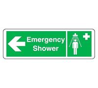Emergency shower arrow left - safety sign - 1.2mm Rigid plastic for indoor/outdoor usage (300mm x 100mm) Viewing Distance within 5m.