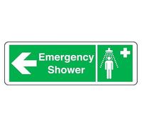 Emergency shower arrow left - safety sign - 1.2mm Rigid plastic for indoor/outdoor usage (450mm x 150mm) Viewing Distance within 7m.