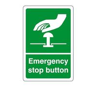Emergency stop button - safety sign - High tack self-adhesive sticker (200mm x 150mm) Viewing Distance within 5m.