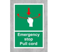 Emergency stop Pull cord safety sign - Self adhesive sticker 200mm x 150mm