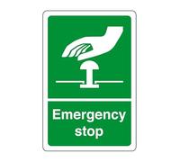 Emergency stop - safety sign - 1.2mm Rigid plastic for indoor/outdoor usage (200mm x 150mm) Viewing Distance within 5m.