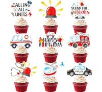 Emergency Vehicle Cupcake Toppers, 48 Pieces Fire Truck Birthday Cake Picks, Sound The Alarm Theme Party Decorations for Boys Rescue Party Supplies