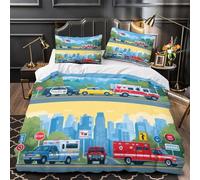 Emergency Vehicles Comforter Cover 3D Design Printed Luxury 3 Piece Bedding Set Zipper Cartoon Rescue Quilt Cover Super Soft All Season for Kids Teens Adults Women Youth Teenagers Double（200x200cm）