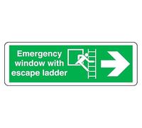 Emergency Window With Escape Ladder arrow right - safety sign - High tack self-adhesive sticker (300mm x 100mm) Viewing Distance within 5m.