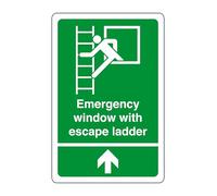 Emergency window with escape ladder arrow up - safety sign - High tack self-adhesive sticker (200mm x 150mm) Viewing Distance within 5m.