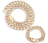 EMESLY Solid Miami Cuban Link Chain Gold/Silver Necklace (16, 18, 20, 22, 24, 30 Inches Length); Hip Hop Bracelet (8" Length) for Men & Women; Perfect Iced Out Bling Jewelry Gift, 18.0 Inches, Stone,