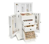 Emfogo Jewelry Box for Women, Rustic Wooden Jewelry Boxes & Organizers with Mirror, 4 Layer Jewelry Organizer Box Display for Rings Earrings Necklaces Bracelets (Weathered White)