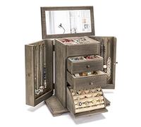 Emfogo Jewelry Box for Women, Rustic Wooden Jewelry Boxes & Organizers with Mirror, 4 Layer Jewelry Organizer Box Display for Rings Earrings Necklaces Bracelets (Weathered Gray)