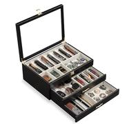 Emfogoo 3 Tier Pocket Knife Display Case, Pocket Knife Collection for Collection of 30-36 Folding Knives, with Real Glass Window Top, Knifes Organizer Storage Box for Men's Gift (Black)