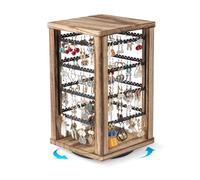 Emfogoo 360° Rotating Earring Storage Organiser, Rustic Wood Earring Holder Stand, 4 Tiers Earring Display Rack for Stud Earrings, Hoop Earrings & Necklaces, Women Girls Gifts