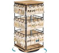 Emfogoo 360° Rotating Earrings Storage with 48 Hooks, Wooden Jewellery Display for Sellers, Jewellery Stand Organiser for Stud Earrings & Bracelets, Gift for Women (Rustic Brown)