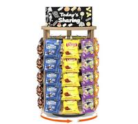 Emfogoo 360° Rotating Snack Organiser, 5 Tier 50 Clips Wooden Chip Rack Display Stand With Advertising Board, Candy Holder for Countertop Home Office Party Retail Concession Stand (Rustic Brown)