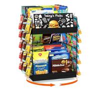 Emfogoo 5-Tier Rotating Snack Organiser with Advertising Board, Chip Display Rack with 360° Spinning Wooden Base & 50 Clips, for Concession Stand, Countertop, Office, Store, Party (Black)