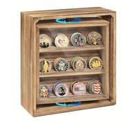 Emfogoo Double Sided Rotating Coin Display, Wooden Military Coin Holder for 33 Coins, 6-Row Display Stand for Displaying Collectors and Veteran Coins (Rustic Brown)