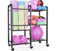 Emfogoo Dumbbell Rack Yoga Mat Holder with Wheels, 3-Tier Gym Rack for Kettlebells Dumbbells Yoga Blocks Foam Rollers Resistance Bands, Dumbbell Stand for Home Gym Workout Equipment Storage (Black)