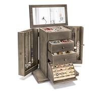 Emfogoo Jewellery Box for Women Girls, Rustic Wooden Large Jewelry Boxes & Organisers with Mirror, 4 Layer Jewellery Organiser Box for Rings Earrings Necklaces Bracelets(Weathered Gray)