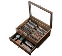 Emfogoo Knife Display Case, 2 Layer Wooden Pocket Knife Collection Case Holder with Glass Lid and Drawers, for Collections Gift-Giving (Walnut)