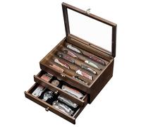 Emfogoo Knife Display Case, 3 Layer Wooden Pocket Knife Collection Case Holder with Glass Lid and Drawers, for Collections Gift-Giving (Walnut)