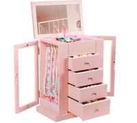 Emfogoo Musical Girls Jewellery Box with Spinning Dancer, 5 Layer Large Wooden Kids Music Box with Mirror, Jewelry Storage Box Gifts for Little Girls Christmas New Year Birthday Children's Day (Pink)