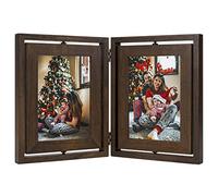 Emfogoo Photo Frame 5X7 Rustic Wood Hinged Folding Double Picture Frames with Double Sided Rotating Display, High Definition Glass Multi Picture Frame Vertically on TableTop (Walnut)
