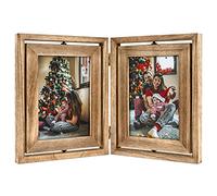 Emfogoo Photo Frame 5X7 Rustic Wood Hinged Folding Double Picture Frames with Double Sided Rotating Display, High Definition Glass Multi Picture Frame Vertically on TableTop (Rustic Brown)