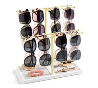 Emfogoo Sunglass Organizer, 2-Tier Glasses Holder Stand for 16 Pairs of Eyewear, Sunglasses Display Rack with Wood Base, Eyeglass Holder for Nightstand, Desk, Dresser, Bedroom (Gold+White)