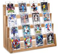 Emfogoo Trading Card Display, 4 Tiers Wooden Trading Card Stand, Baseball Card Stand with Card Holder and Adjustable Compartments for Sports Cards Collecting Display (Retro Brown)