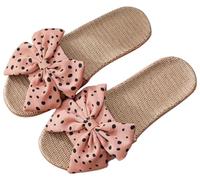 EMGILL Women's Linen Slippers Polka Dot Bow Summer House Slides Open Toe Soft Sole Breathable Indoor Bedroom Slippers Quiet, Pink, 8-8.5