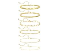 Emibele Gold Bracelets for Women, 14K Gold Plated Stackable Bracelet Set for Women, Adjustable Cuban Link Paperclip Chain Beaded Layered Bracelets, Dainty Gold Bracelet Stack for Gift