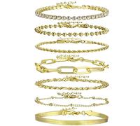 Emibele Gold Chain Bracelets Set for Women & Girls, 14K Real Gold Plated Layered Paperclip Chain Tennis Beaded Figaro Adjustable Stack Bracelets Fashion Jewelry 7Pcs
