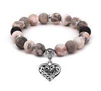 Emibele Healing Bracelets for Women, Beaded Bracelet Handmade Crystal Chakra Stretch Rose Quartz Zebra Stone Good Luck Healthy Lava Rock Essential Oils Anxiety Stress Relief, Silver Pendant & Pink