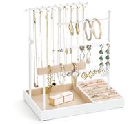 Emibele Jewelry Holder, Jewelry Organizer Stand Necklace Earrings Bracelet Holder, 5 Tier Bracelet Display Tower Rack with Metal Frame and Velvet Ring Tray, Aesthetic jewel Stand for Women, White