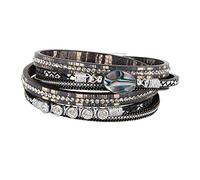 Emibele Layered Leather Bracelet, Bohemian Style Multilayer Wrap Bracelet with Abalone Element and Diamond for Women Ladies Adult - Black
