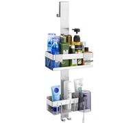 Emibele Shower Caddy Hanging 2 Tier, Stainless Steel Shower Shelf with Hooks, No Drill Shower Organiser for Bath Glass Door, Non-Rusting Bathroom Essential Organizer for Toiletries, Vanities, Silver