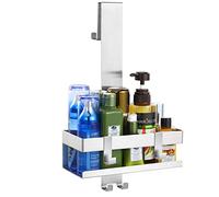 Emibele Stainless Steel Hanging Shower Caddy With Hooks - No Drilling Glass Shelf Basket for Bath Door, Lotion and Towel Holder, Silver