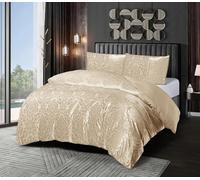 Emilia Crushed Velvet Damask Duvet Cover Set - Luxury Reversible Bedding Set with Pillowcases - Super Soft Jacquard Design - Premium Velvet Quilt Cover Set (Beige, King)