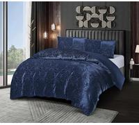 Emilia Crushed Velvet Damask Duvet Cover Set - Luxury Reversible Bedding Set with Pillowcases - Super Soft Jacquard Design - Premium Velvet Quilt Cover Set (Blue, Double)