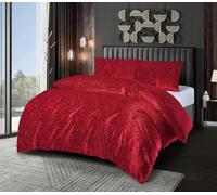 Emilia Crushed Velvet Damask Duvet Cover Set - Luxury Reversible Bedding Set with Pillowcases - Super Soft Jacquard Design - Premium Velvet Quilt Cover Set (Red, Super King)