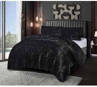 Emilia Crushed Velvet Damask Duvet Cover Set - Luxury Reversible Bedding Set with Pillowcases - Super Soft Jacquard Design - Premium Velvet Quilt Cover Set (Black, Super King)