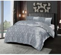 Emilia Crushed Velvet Damask Duvet Cover Set - Luxury Reversible Bedding Set with Pillowcases - Super Soft Jacquard Design - Premium Velvet Quilt Cover Set (Gray, King)