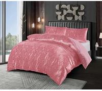 Emilia Crushed Velvet Damask Duvet Cover Set - Luxury Reversible Bedding Set with Pillowcases - Super Soft Jacquard Design - Premium Velvet Quilt Cover Set (Pink, Double)
