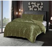 Emilia Crushed Velvet Damask Duvet Cover Set - Luxury Reversible Bedding Set with Pillowcases - Super Soft Jacquard Design - Premium Velvet Quilt Cover Set (Green, Double)