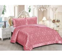 Emilia Velvet Quilted Bedspread Set - Luxury Jacquard Bedding with Pillow Shams, Soft Polyester Comforter Throw for All Seasons - Modern Floral Damask Design, Double & King Sizes (Pink, King)