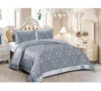 Emilia Velvet Quilted Bedspread Set - Luxury Jacquard Bedding with Pillow Shams, Soft Polyester Comforter Throw for All Seasons - Modern Floral Damask Design, Double & King Sizes (Grey, King)